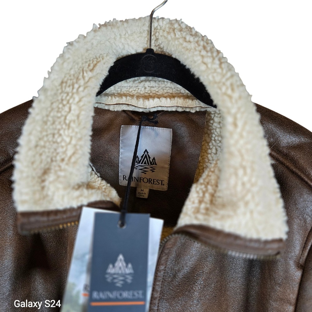 Rainforest Men's Brown‎ Faux Leather Sherpa Lined Bomber Jacket Size Medium